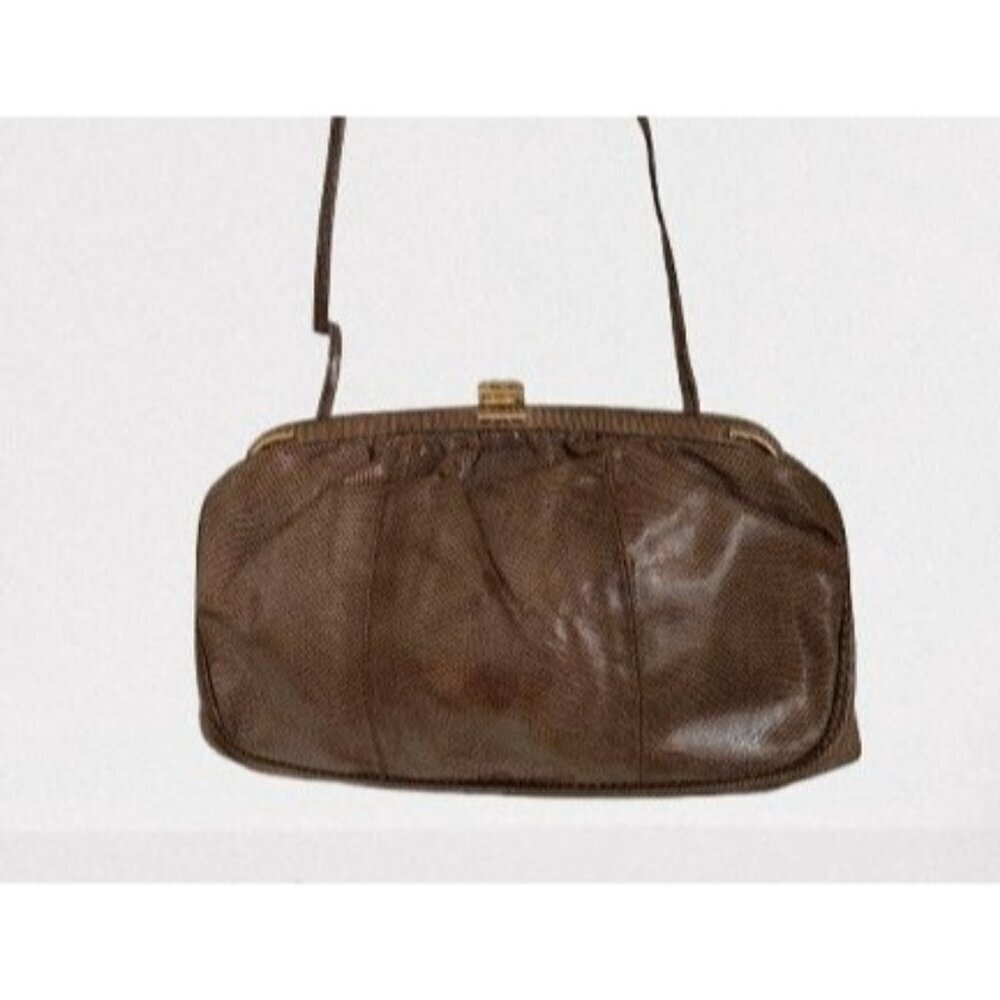 Vintage Susan Gail Genuine Snake Leather Brown Clutch Purse With Gold Clasp Clos